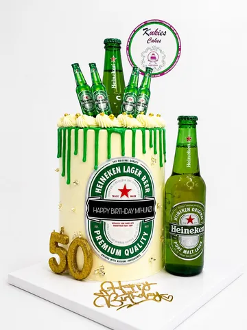 Cake wrapped in a Heineken beer label print with fondant bottles for a 50th birthday