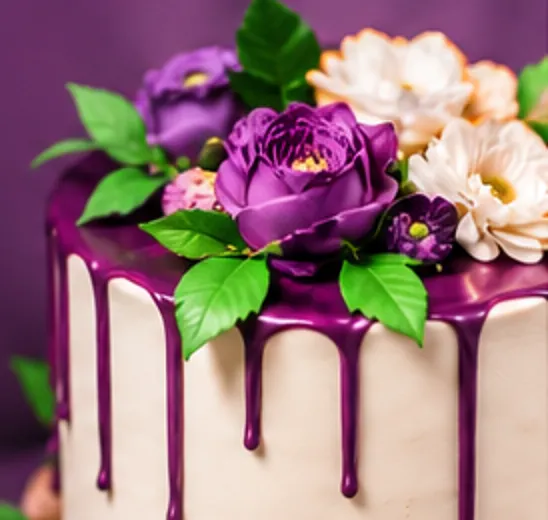 Purple drip cake finished with sugar flowers