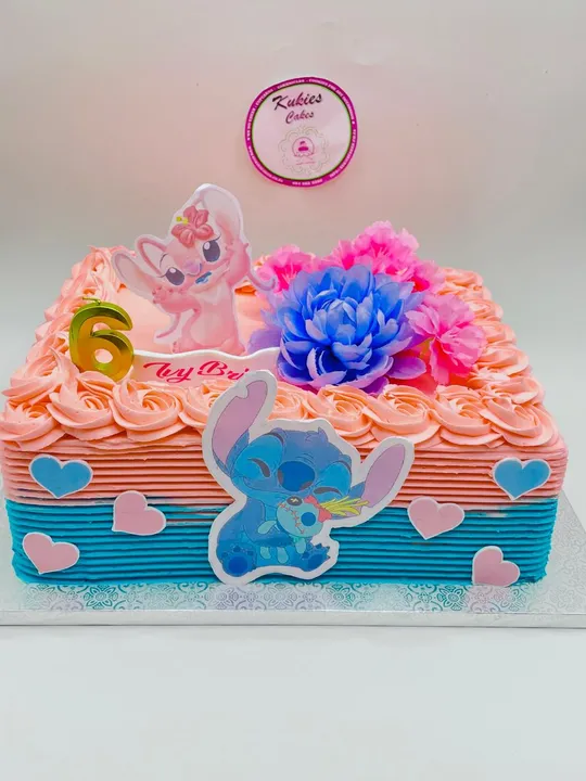 Pink and blue Lilo and Stitch themed sheet cake for a 6th birthday