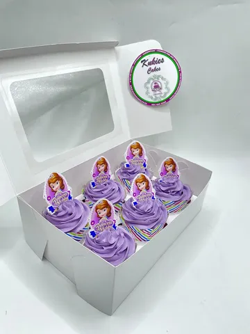 Purple buttercream cupcakes with personalised Princess Sofia character toppers