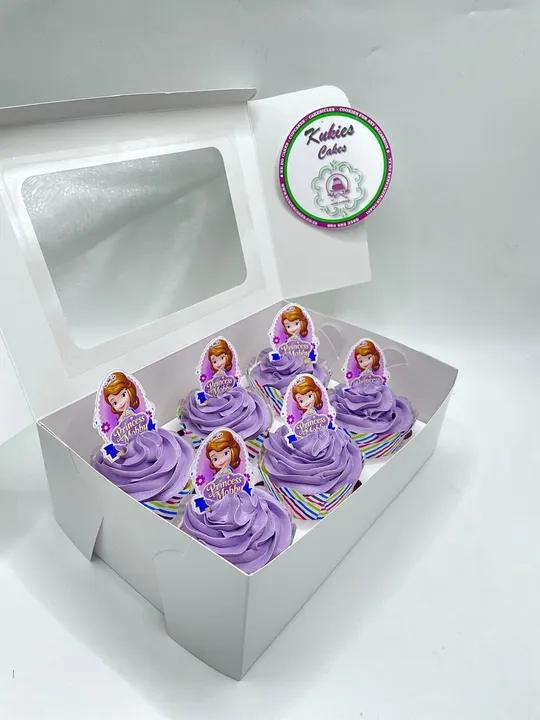 Purple buttercream cupcakes with personalised Princess Sofia character toppers