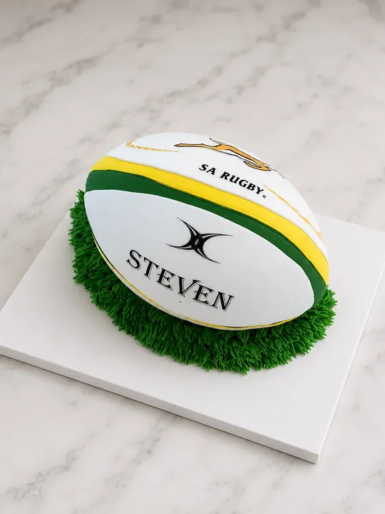 3D rugby ball shaped cake with Springbok style branding on a grass base