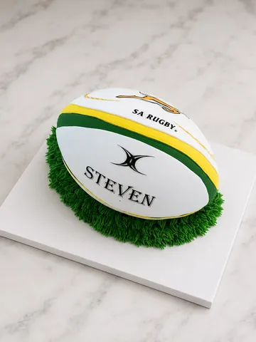 3D rugby ball shaped cake with Springbok style branding on a grass base
