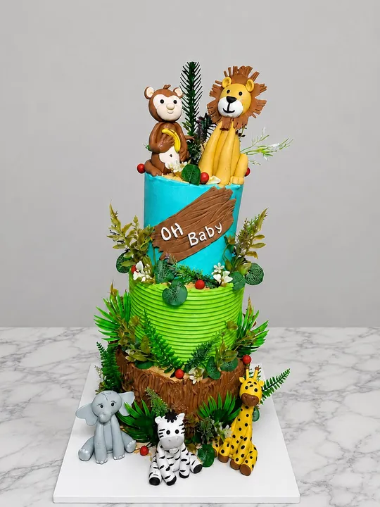 Two-tier safari jungle baby shower cake with fondant jungle animal figures