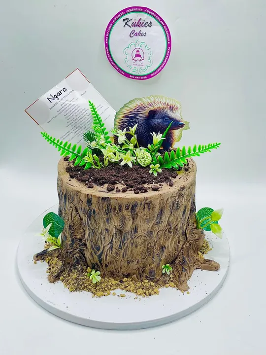 Tree stump shaped cake with a fondant porcupine and greenery